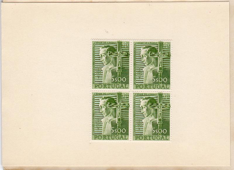 1306 v.jpg -     Lote:    1306 (verso)                   Descrição:         1954 &mdash; 4.º Centenário da Fundação da Cidade de S. Paulo. Carteira com a série em quadras (***/**), CE802/805. Valor de catálogo &euro; 816,00. Raro.        CRT       Valor Base:     &euro; 75,00     Valor Venda:     &euro;      